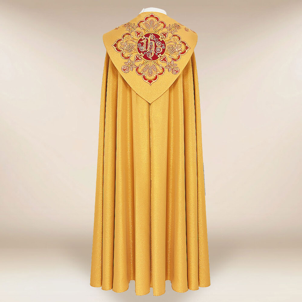 Piviale ricamato dorato con motivo IHS