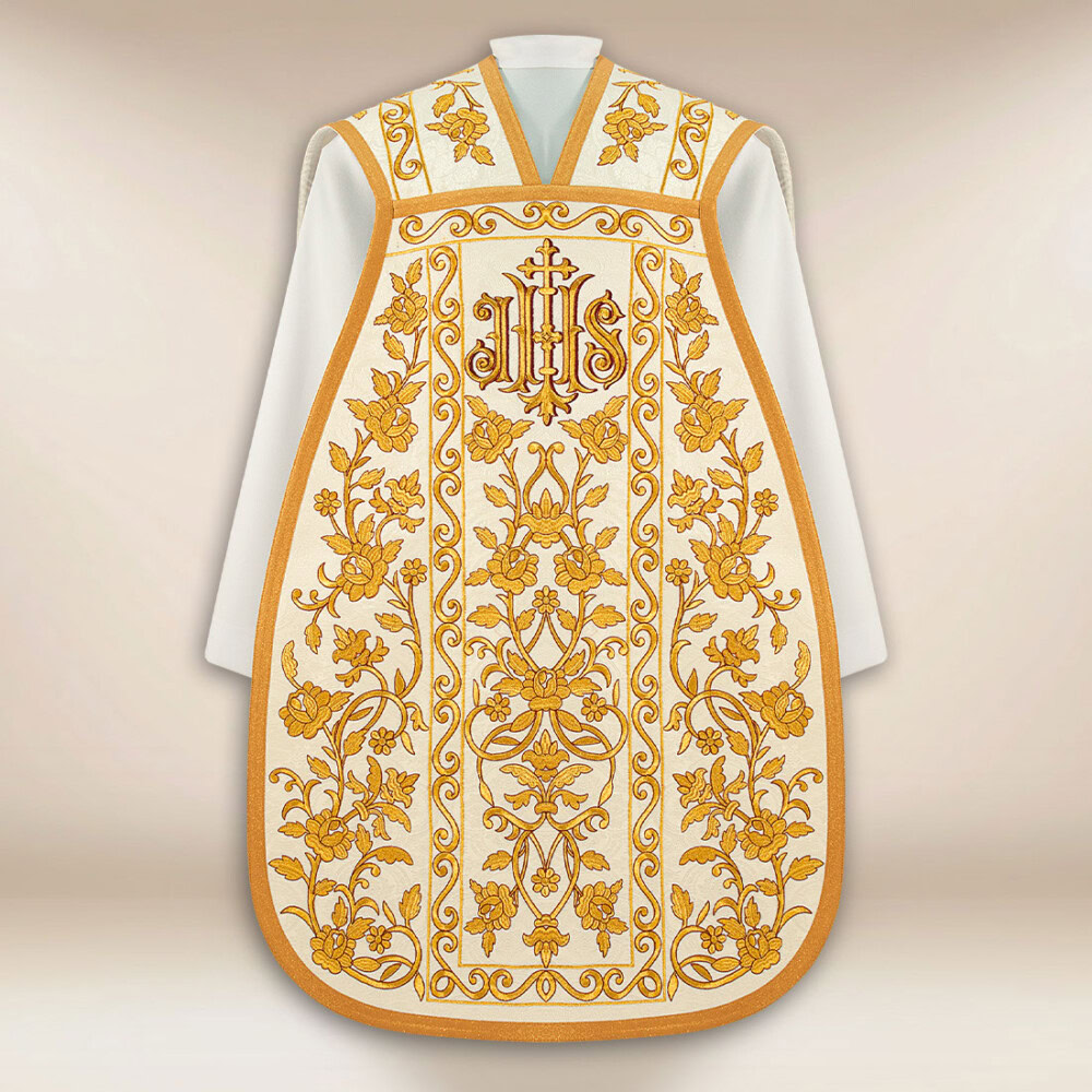 Casula ricamata romana con IHS e Rose