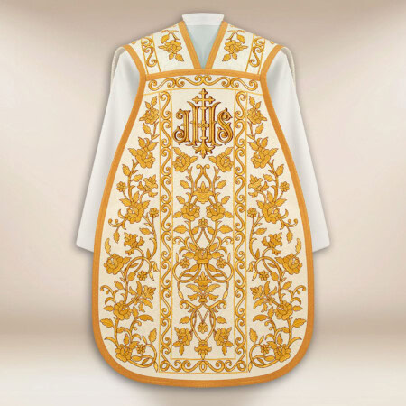 Paramento ricamato romano con IHS e rose