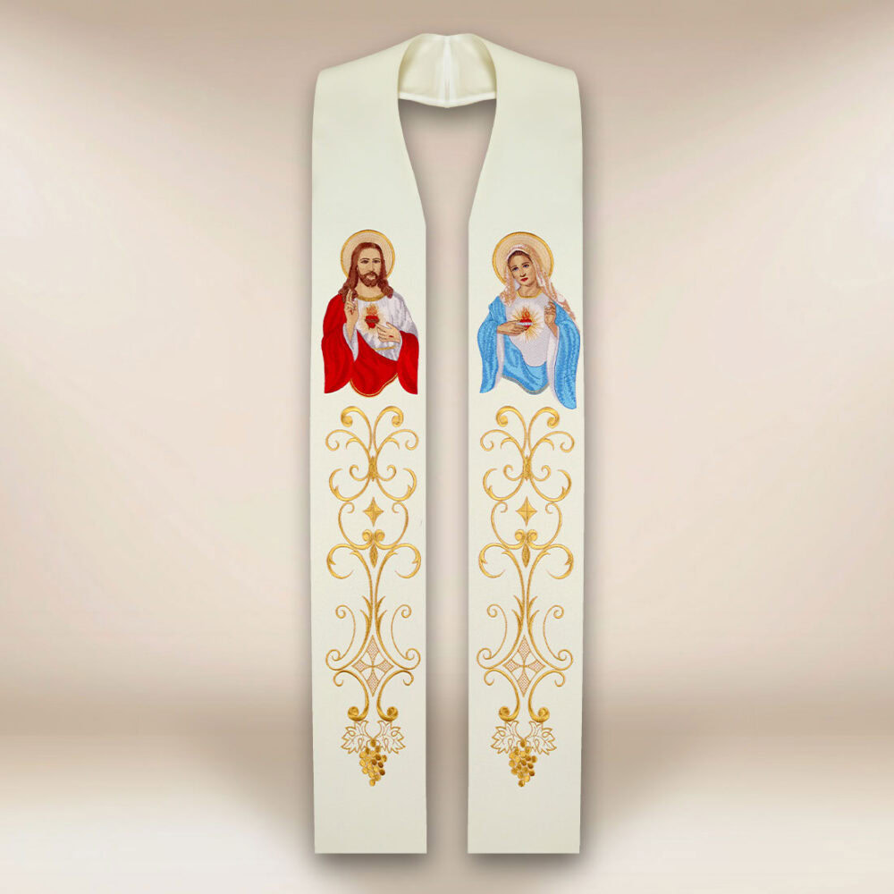 Stola ricamata con l'immagine del Cuore di Gesù e Maria