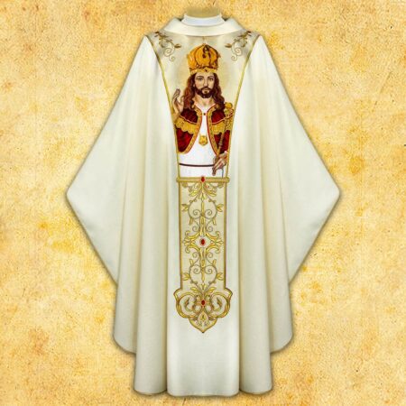 Ornat z haftowanym pasem "Jezus Chrystus Król Polski"
