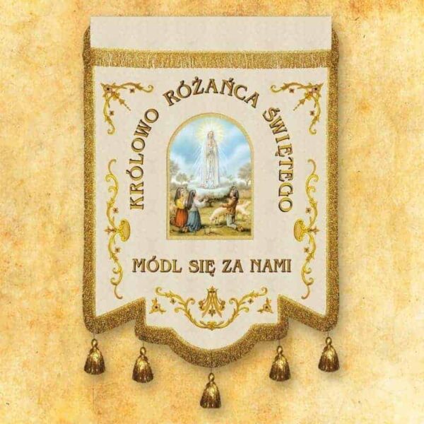 Chorągiew haftowana "Królowej Różańca Świętego" z dowolnym napisem