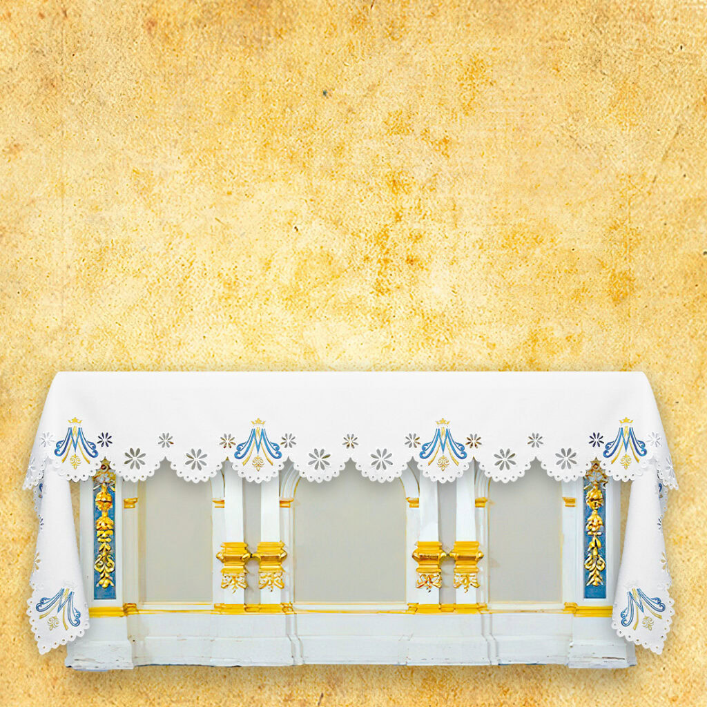 Tovaglia per altare Mariana con ricamo oro-blu.