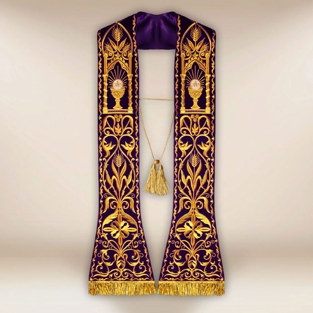 Stola ricamata romana Calice viola