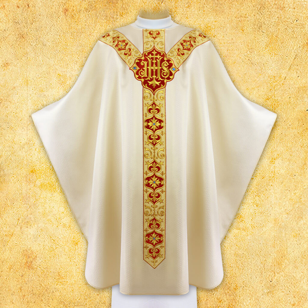 Casula ricamata ecru con simbolo IHS