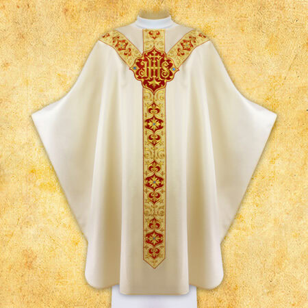 Casule liturgica ricamata color ecru con simbolo IHS