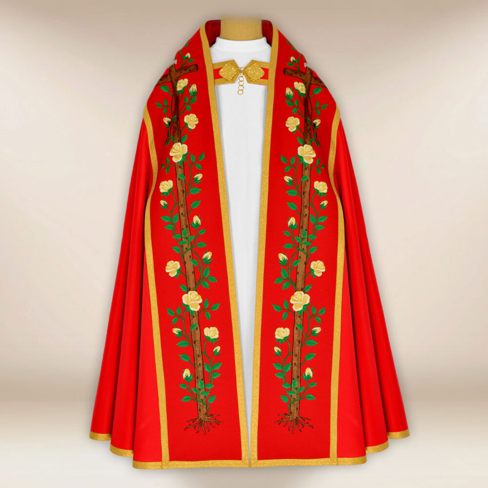 Piviale romano ricamato di colore rosso "Gesù sulla croce"