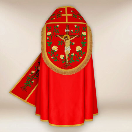 Piviale romano ricamato di colore rosso "Gesù sulla croce"