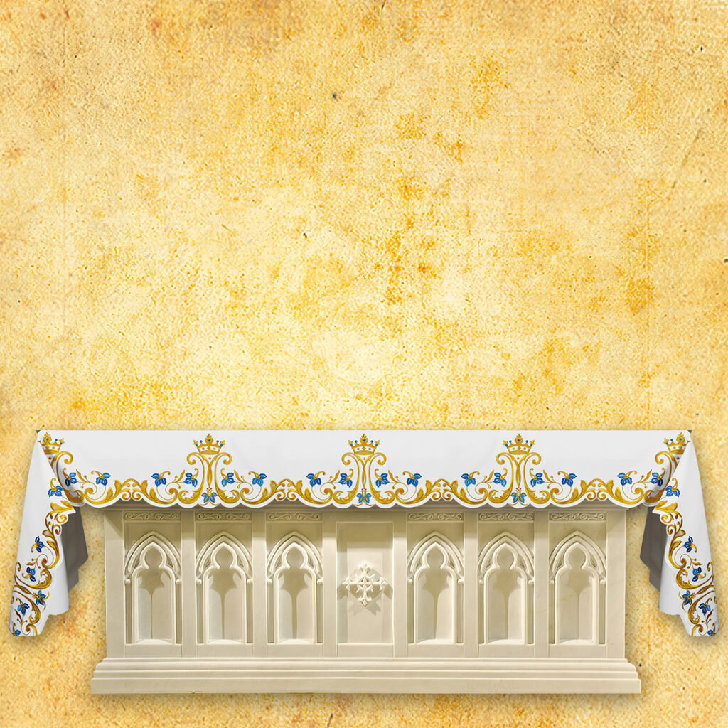 Tovaglia per altare Mariana con ricamo oro-blu.