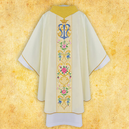 Elegante casula liturgica ricamata con motivo mariano
