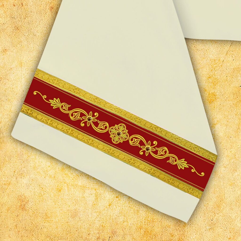 Velo Omerale color ecru con elementi bordeaux e ricami dorati