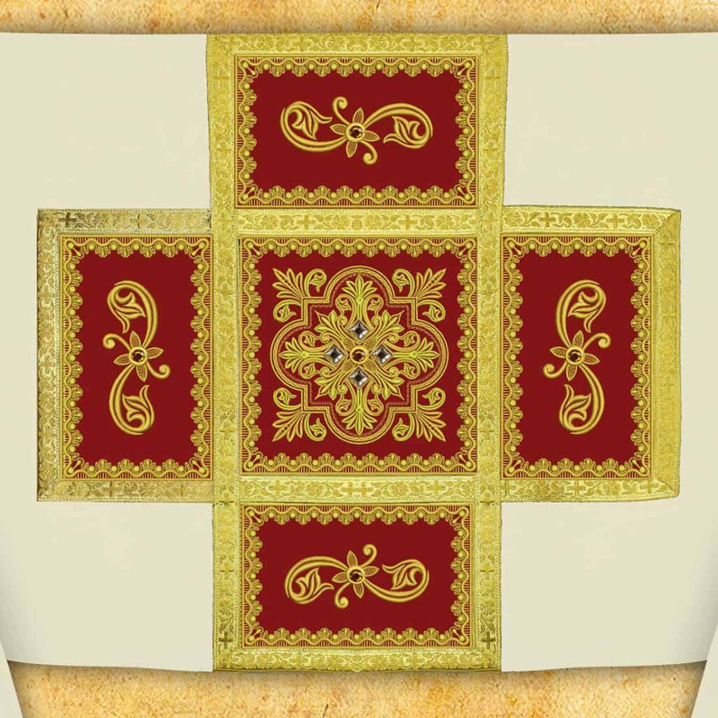 Velo Omerale color ecru con elementi bordeaux e ricami dorati