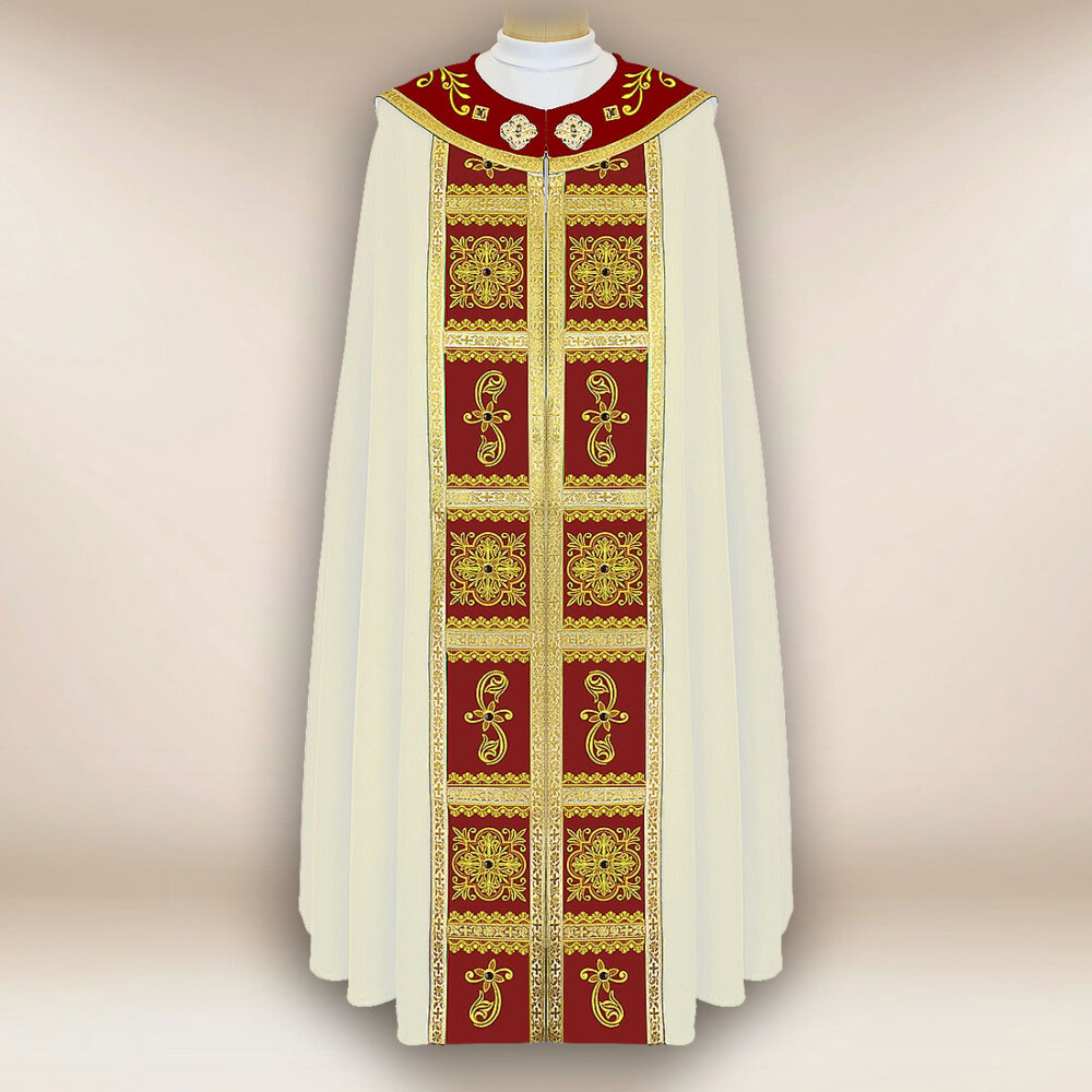 Piviale color ecru con galloni bordeaux