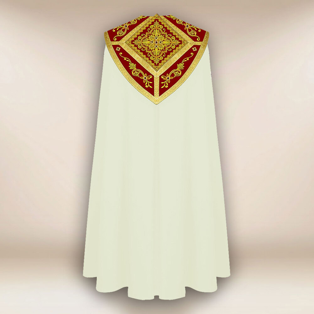 Piviale color ecru con galloni bordeaux