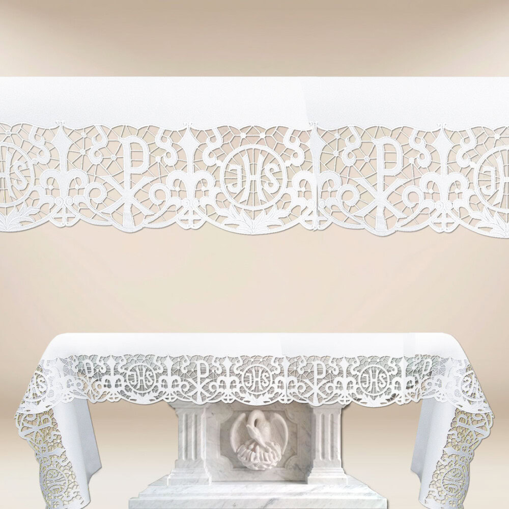 Tovaglia ricamata con motivo IHS in bianco