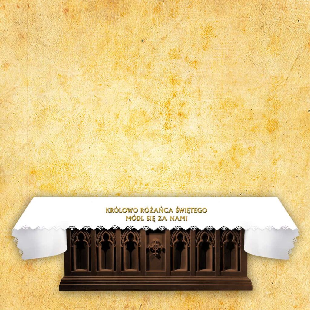 Tovaglia foto tagliata al laser "Regina del Santo Rosario, Prega per Noi"