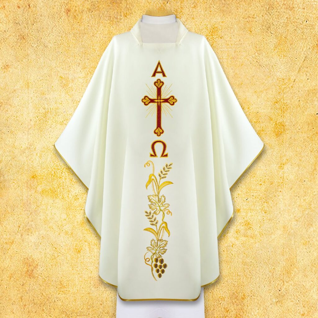 Casula ricamata liturgica Alfa Omega ecru