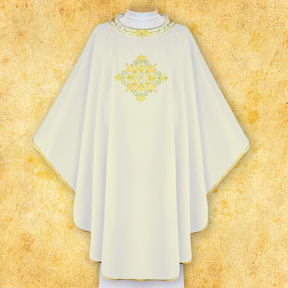 Casula liturgica sacerdotale ricamata IHS ecru