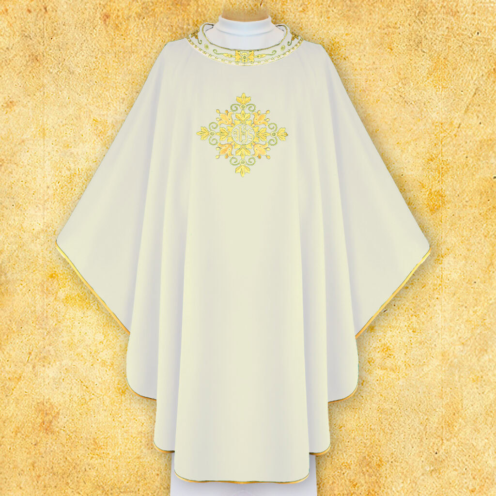 Casula liturgica ricamata IHS ecru