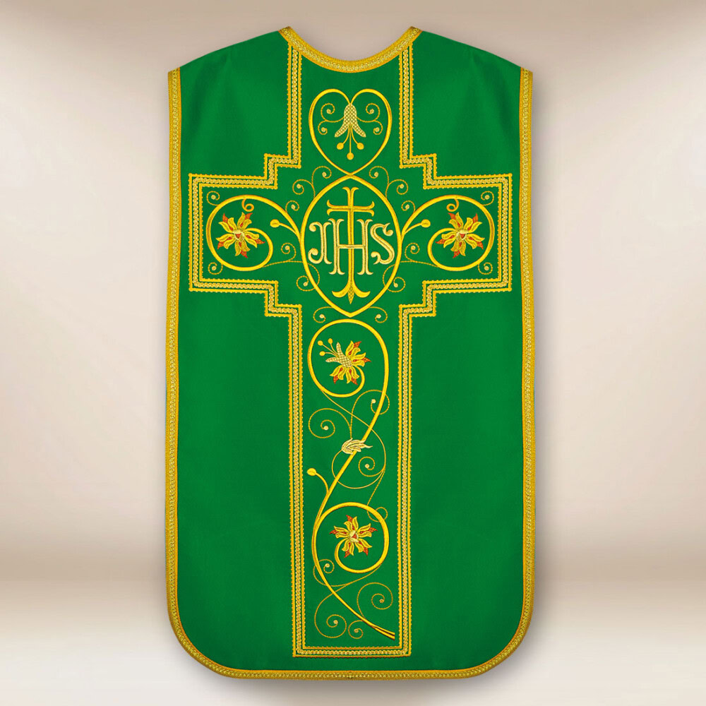 Pianeta liturgica ricamata con IHS verde 