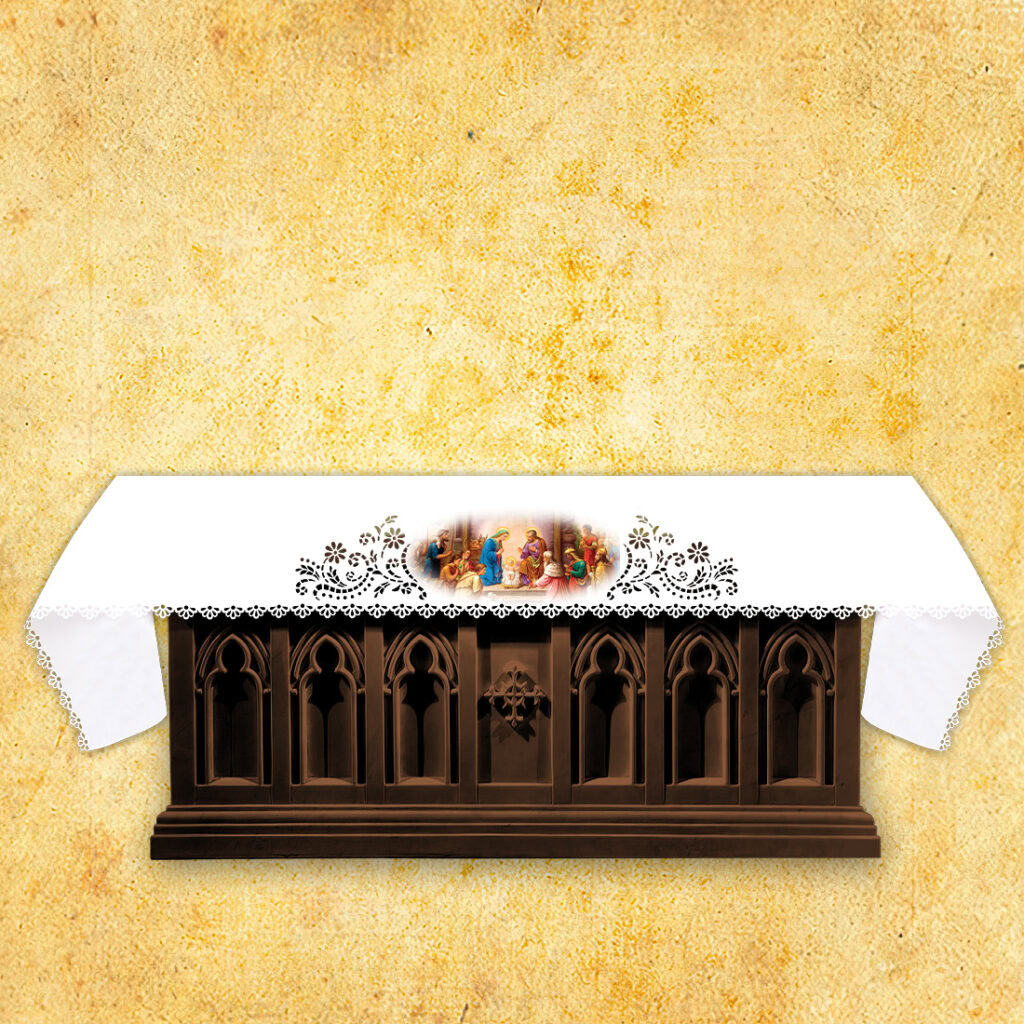 Tovaglia traforata per altare tagliata al laser con stampa