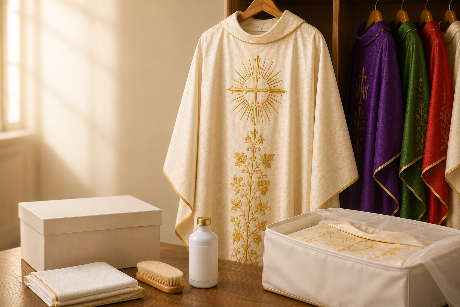 Chusta liturgiczna z delikatnym złotym haftem, idealna do uroczystych ceremonii religijnych, wykończona eleganckim materiałem, dostępna w sklepie Urbanowicz Haft Polska.
