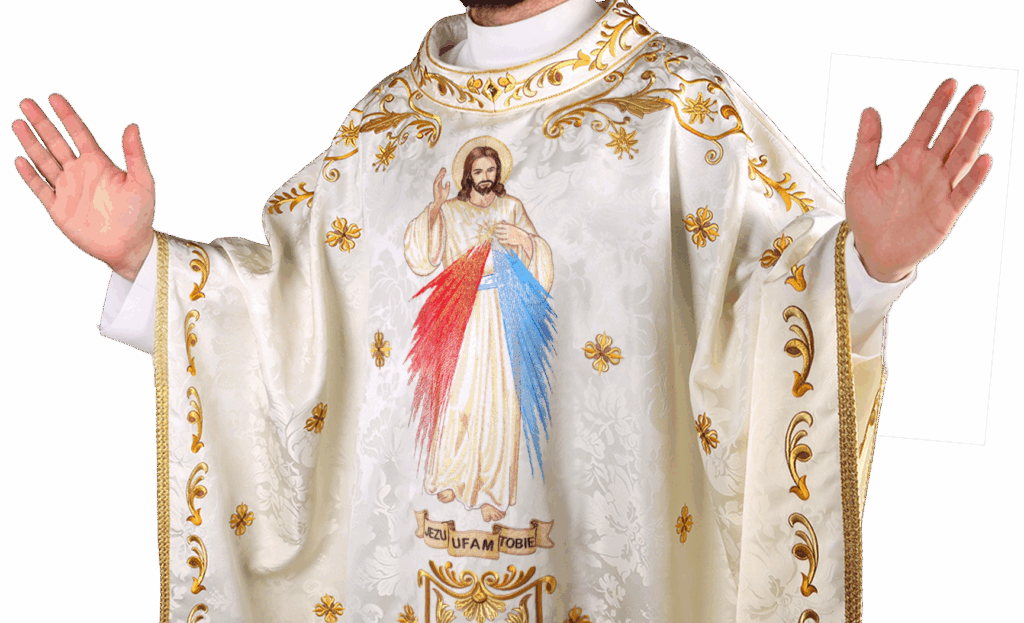 Ornat haftowany Jezus Miłosierny z wizerunkiem Chrystusa i złotymi ornamentami – ekskluzywne szaty liturgiczne