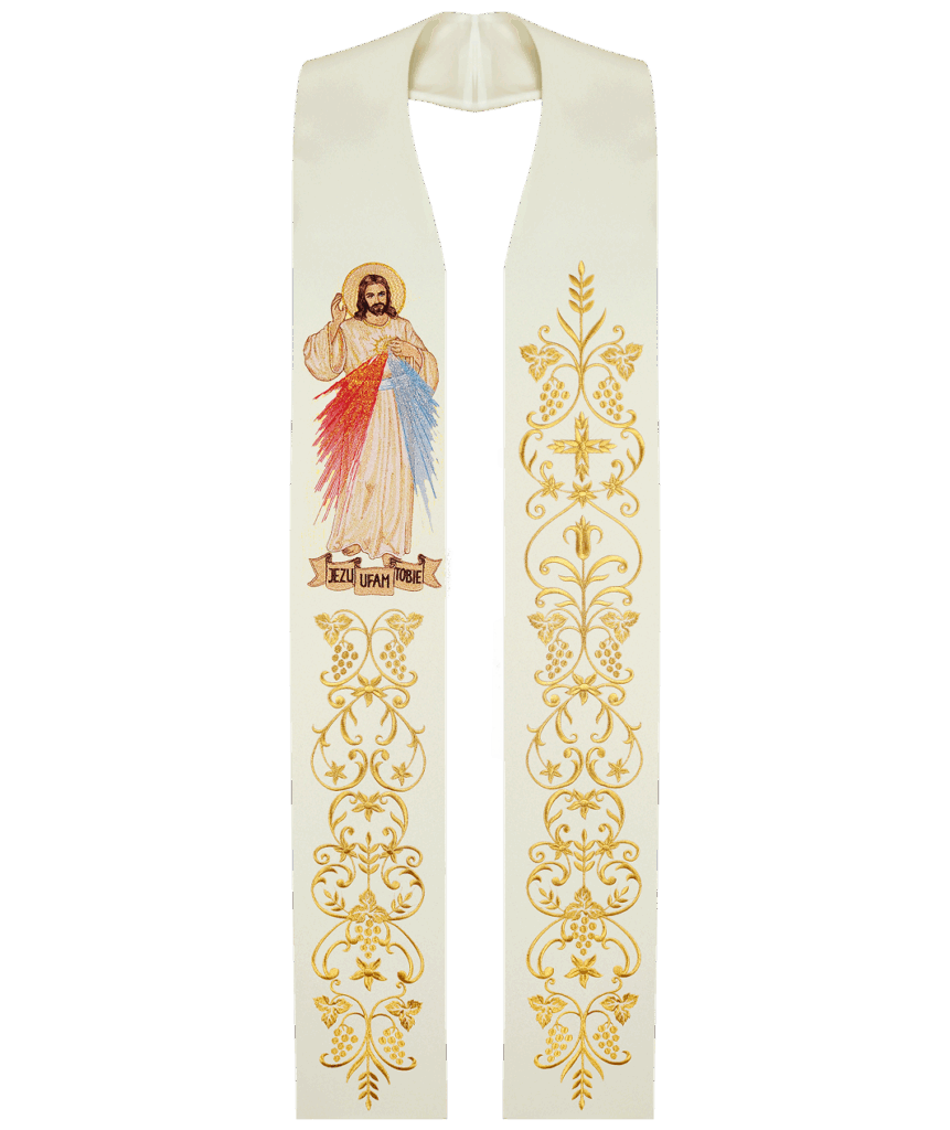 Stuła haftowana Jezus Miłosierny z wizerunkiem Chrystusa i złotymi zdobieniami