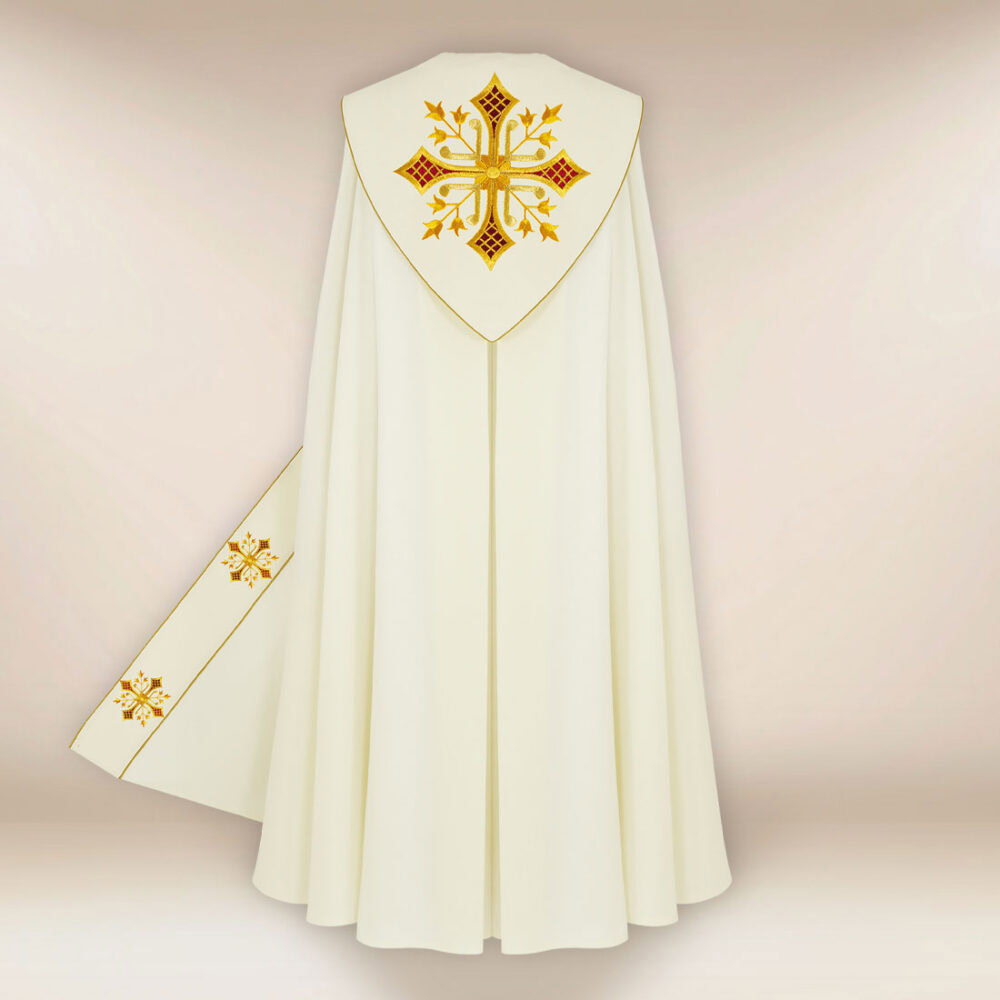 Elegante piviale liturgico ricamato con croci ricamate