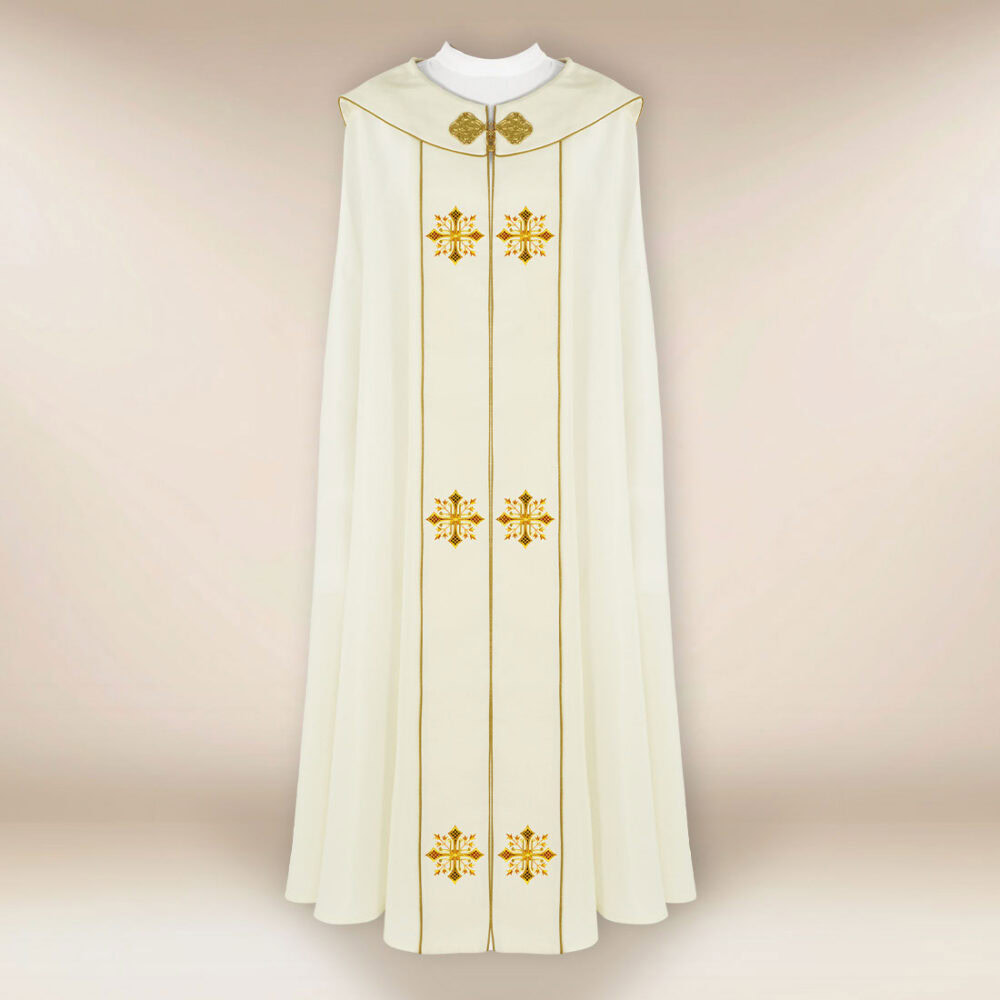 Elegante piviale liturgico ricamato con croci ricamate