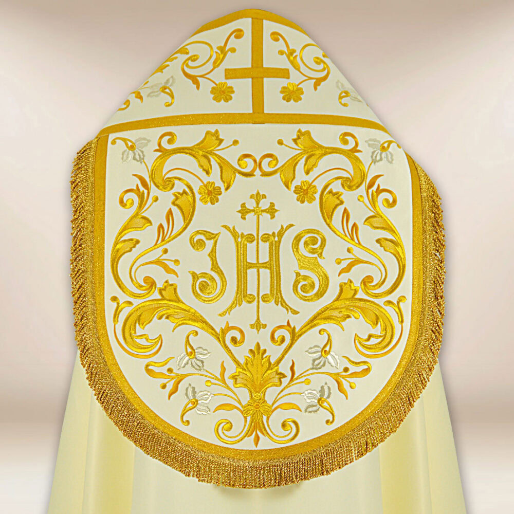 Piviale liturgico ricamato con monogramma IHS