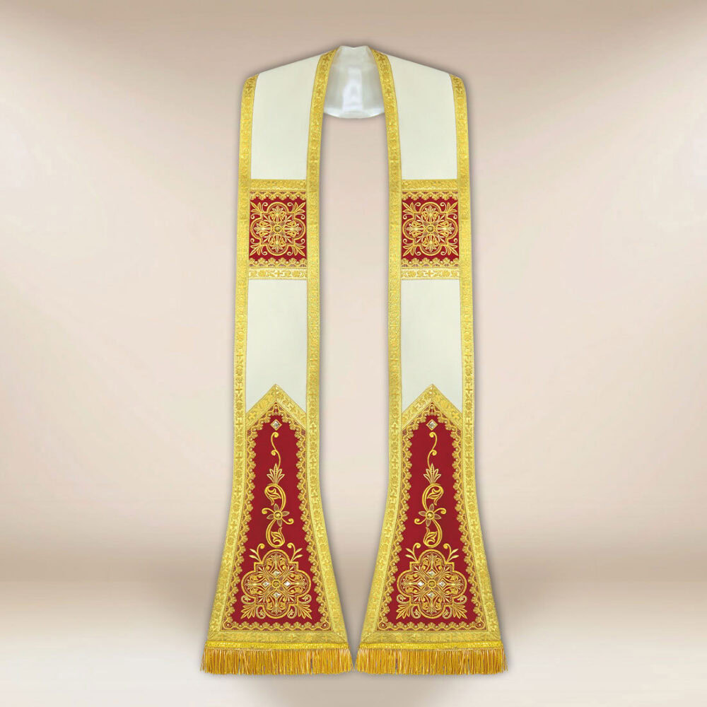 Stola romana ecru con pannelli bordeaux e ricamo dorato