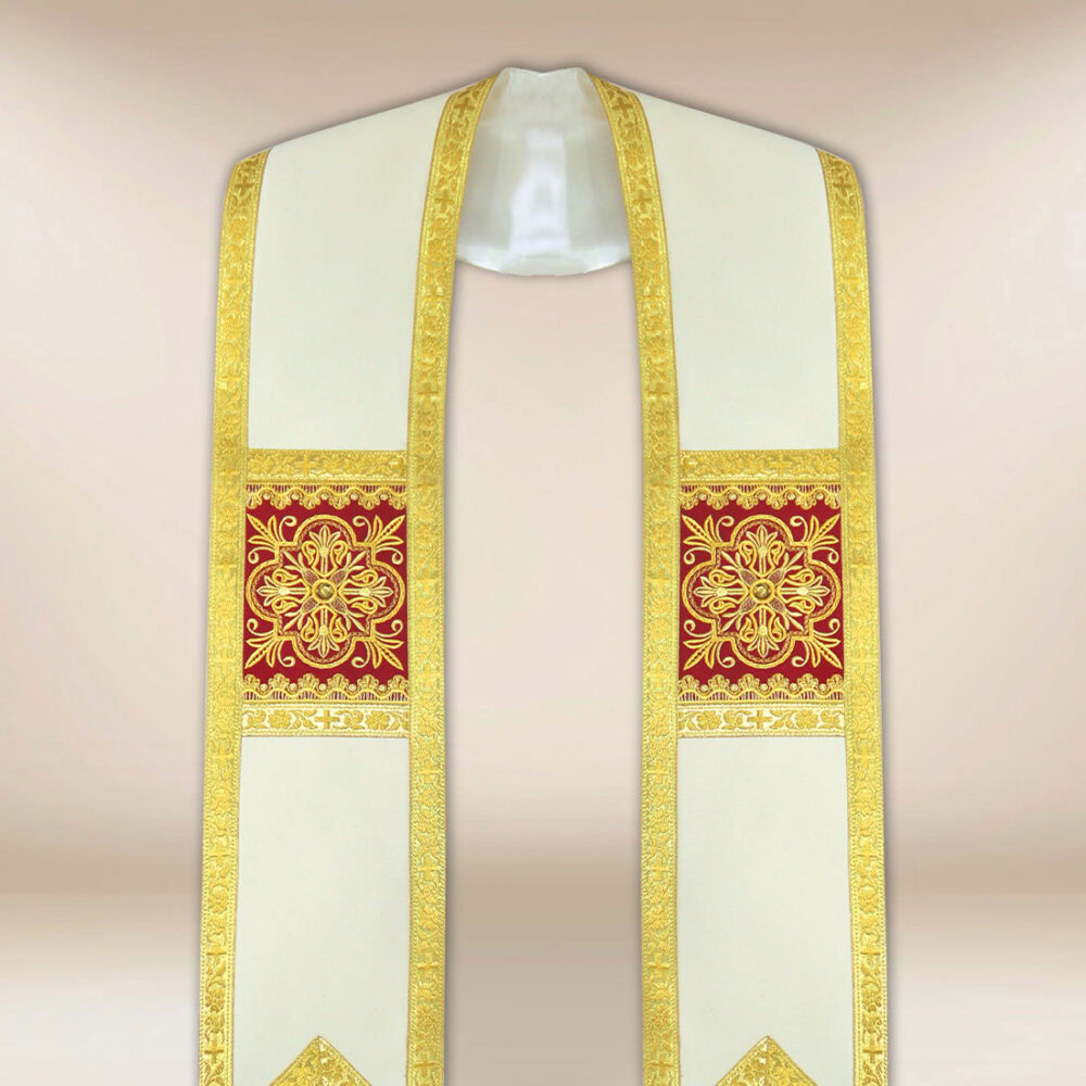 Stola romana ecru con pannelli bordeaux e ricamo dorato