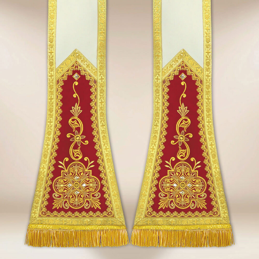 Stola romana ecru con pannelli bordeaux e ricamo dorato