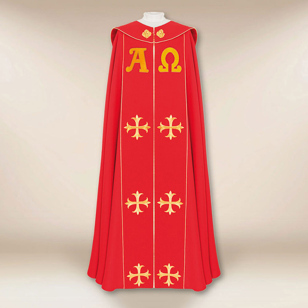 Piviale ricamato rosso Alfa Omega PX