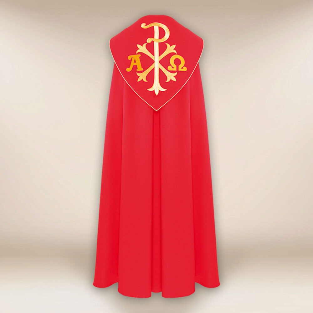 Piviale ricamato rosso Alfa Omega PX