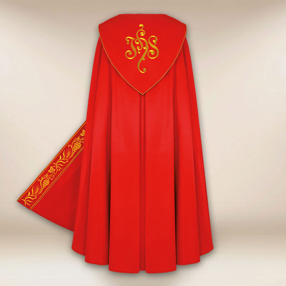 Piviale liturgico ricamato rosso IHS