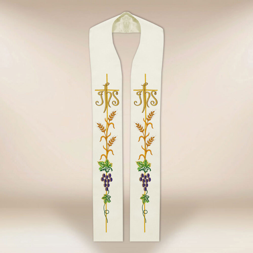 Stola liturgica ricamata IHS ecru