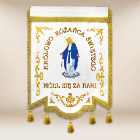 Chorągiew haftowana „Królowej Różańca Świętego” z dowolnym napisem