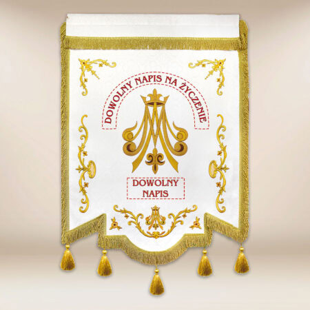 Chorągiew haftowana “Królowej Różańca Świętego” z dowolnym napisem