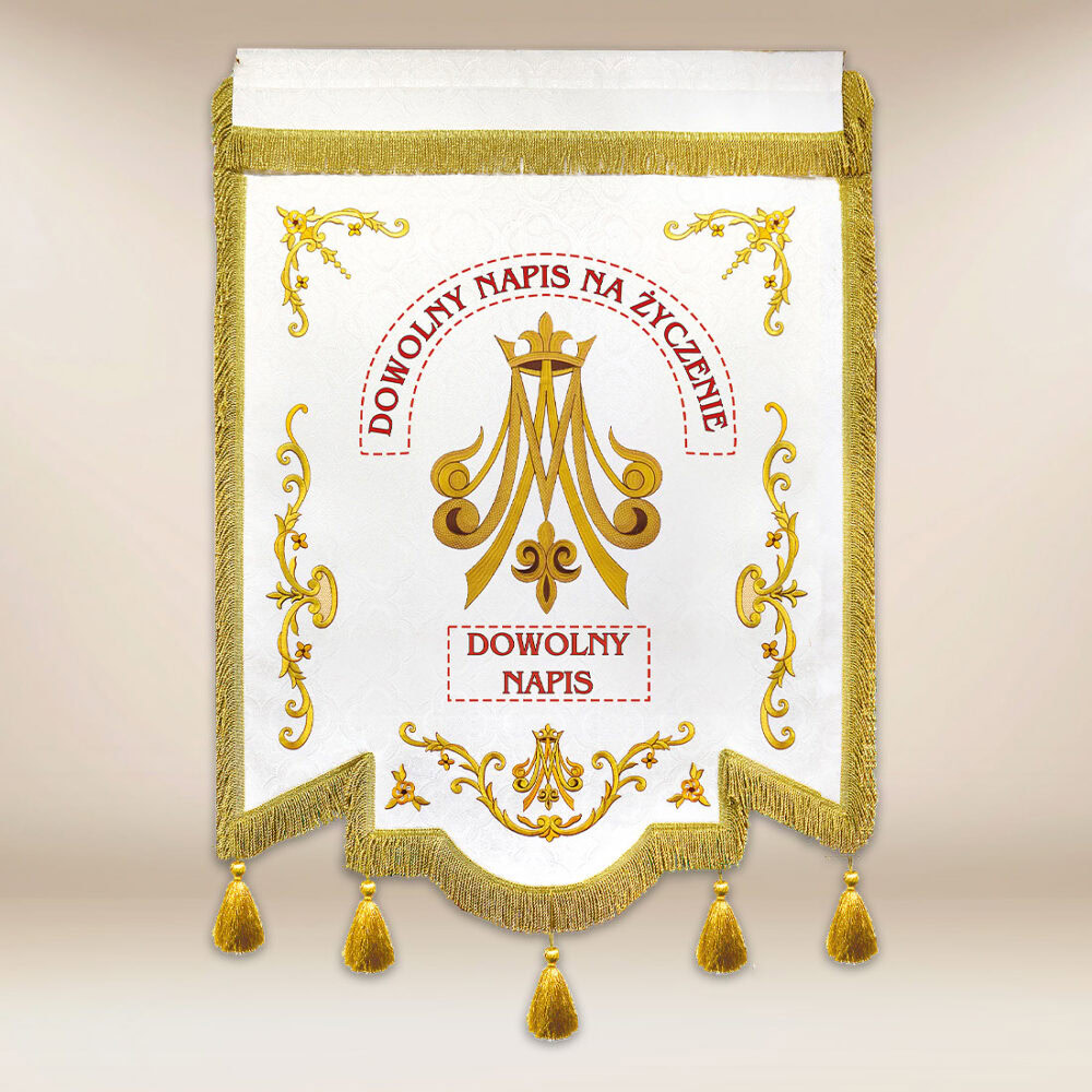 Chorągiew haftowana “Królowej Różańca Świętego” z dowolnym napisem