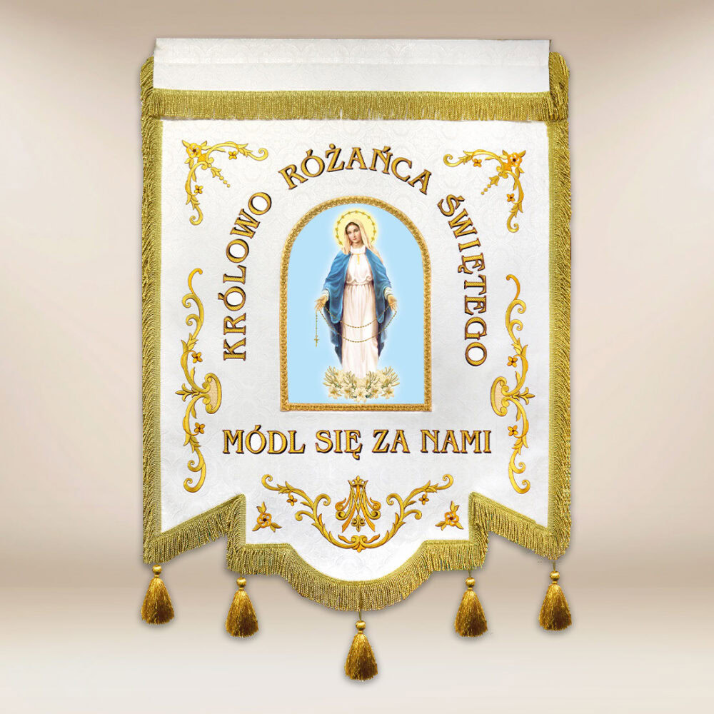 Chorągiew haftowana “Królowej Różańca Świętego” z dowolnym napisem