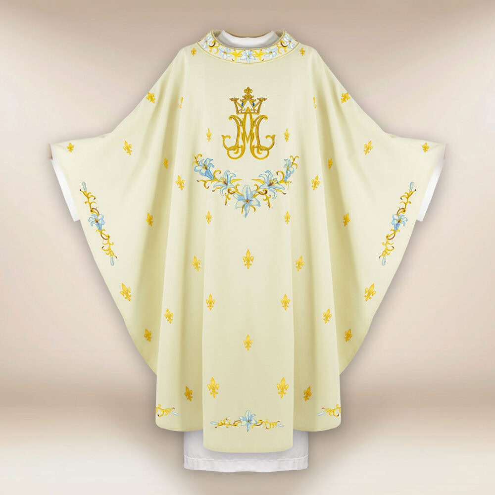 Casula liturgica mariana in colore ecru