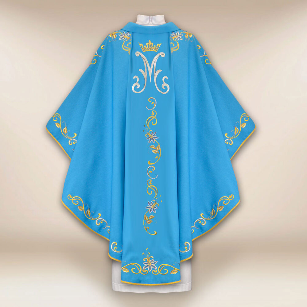 Casula liturgica con motivo mariano in tonalità blu