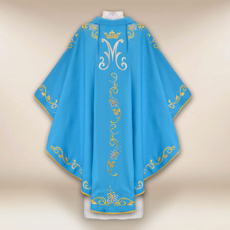 Casula liturgica con motivo mariano in tonalità blu