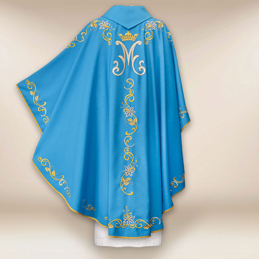 Casula liturgica con motivo mariano in tonalità blu