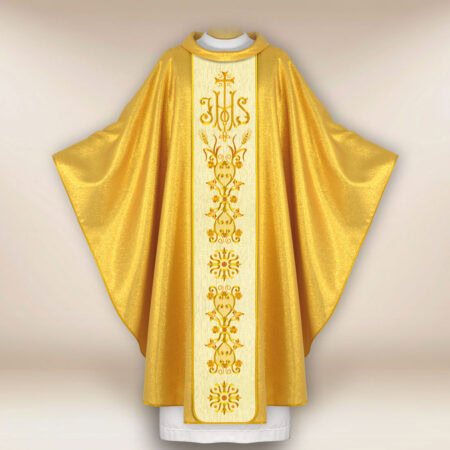 Casula dorata liturgica con IHS