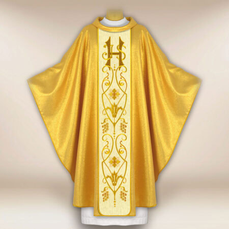 Casula liturgica sacerdotale dorata IHS ricamata