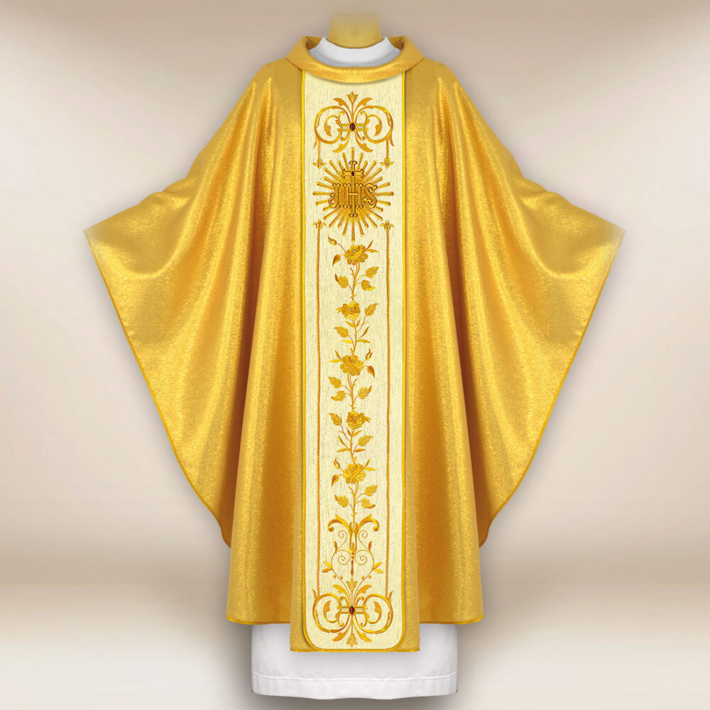 Casula sacerdotale ricamata oro IHS nei raggi