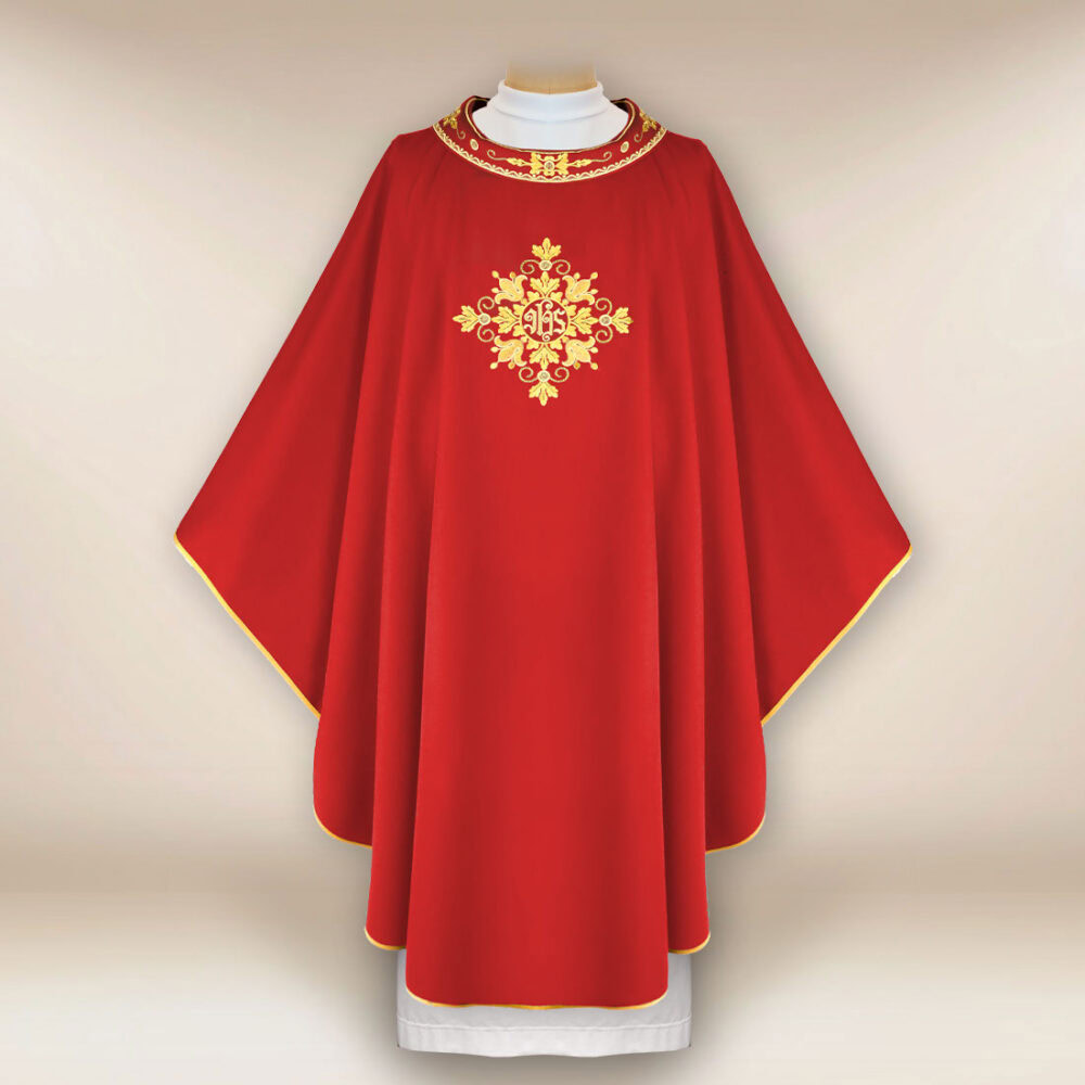 Casula liturgica sacerdotale ricamata rossa IHS